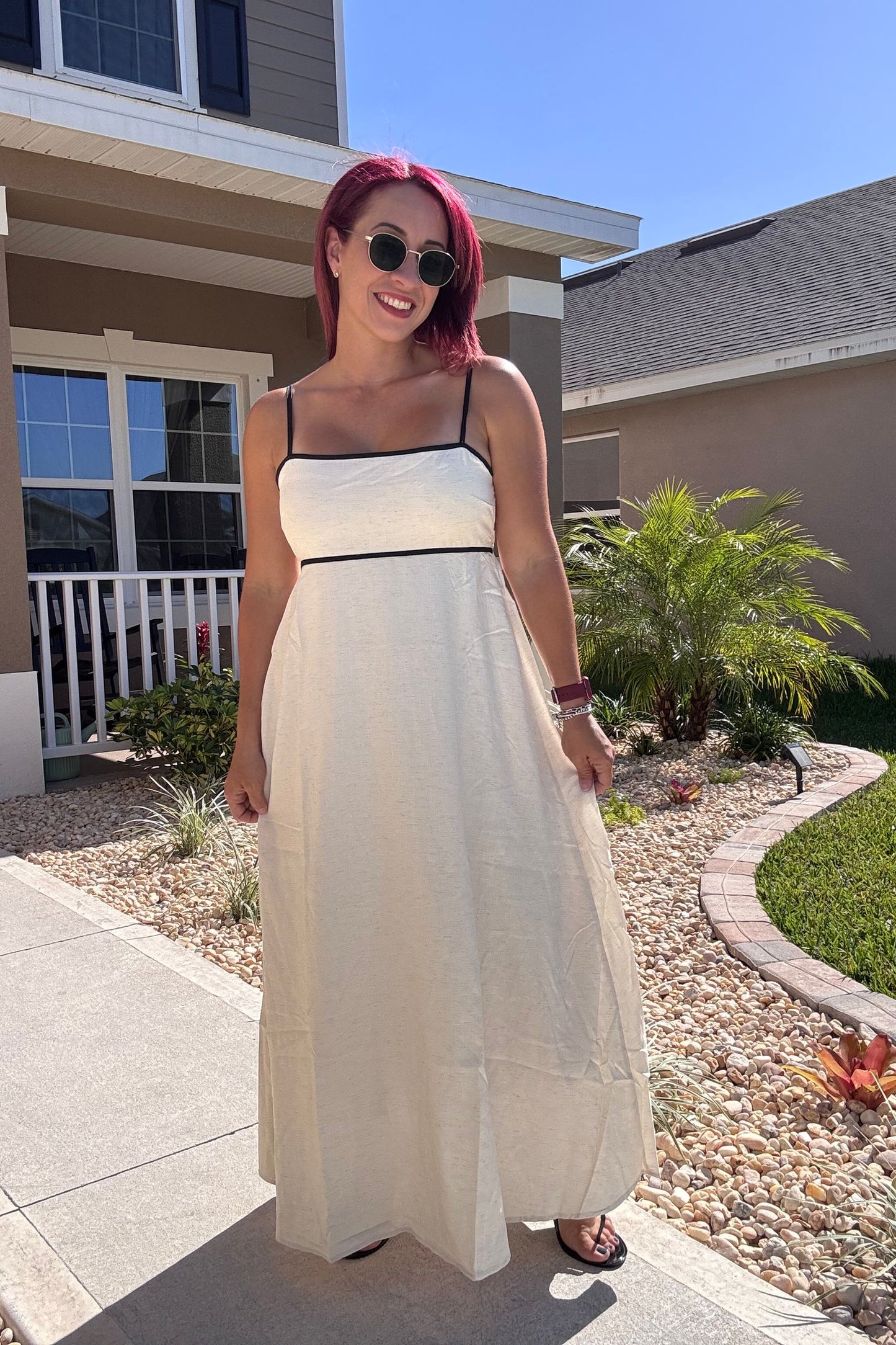 Contrast Trim Ivory and Black Midi Dress