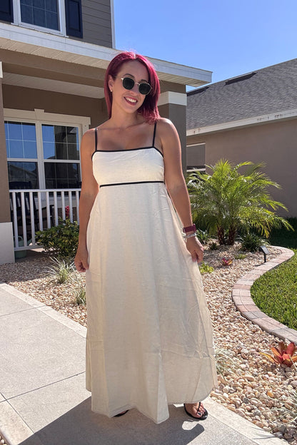 Contrast Trim Ivory and Black Midi Dress