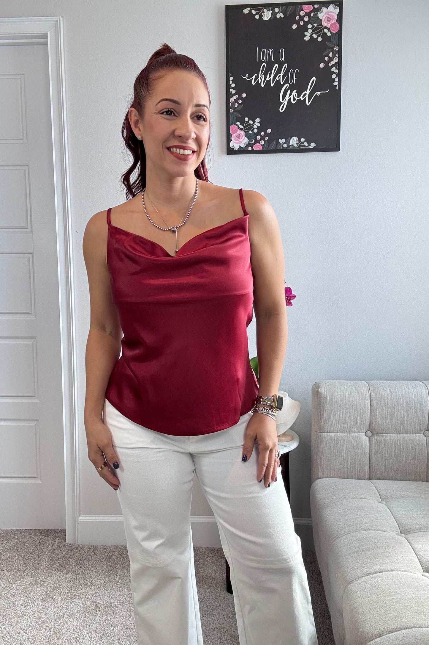 SATIN COWL NECK TOP-BURGUNDY