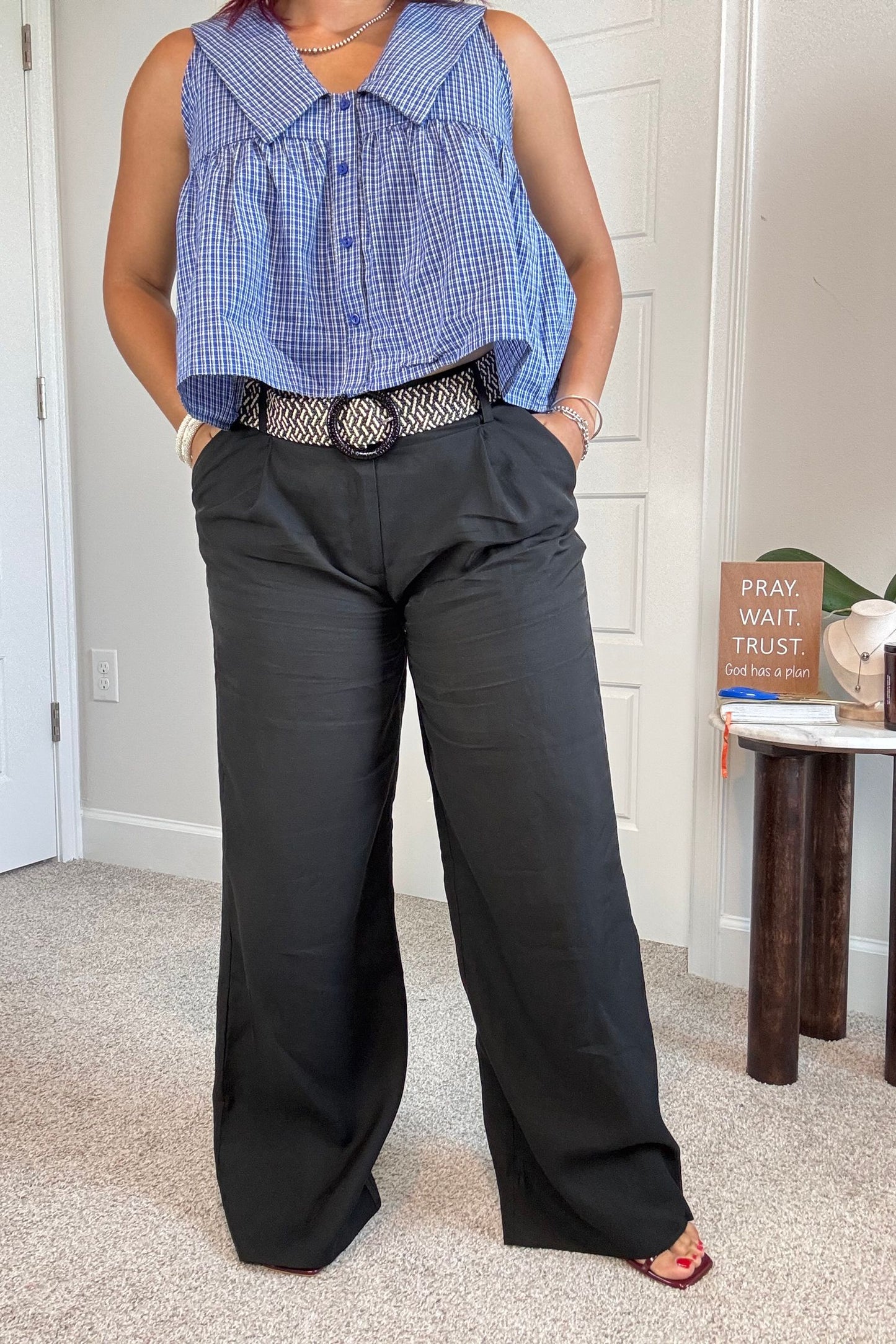 Straight Leg Woven Long Pants with Belt Detail