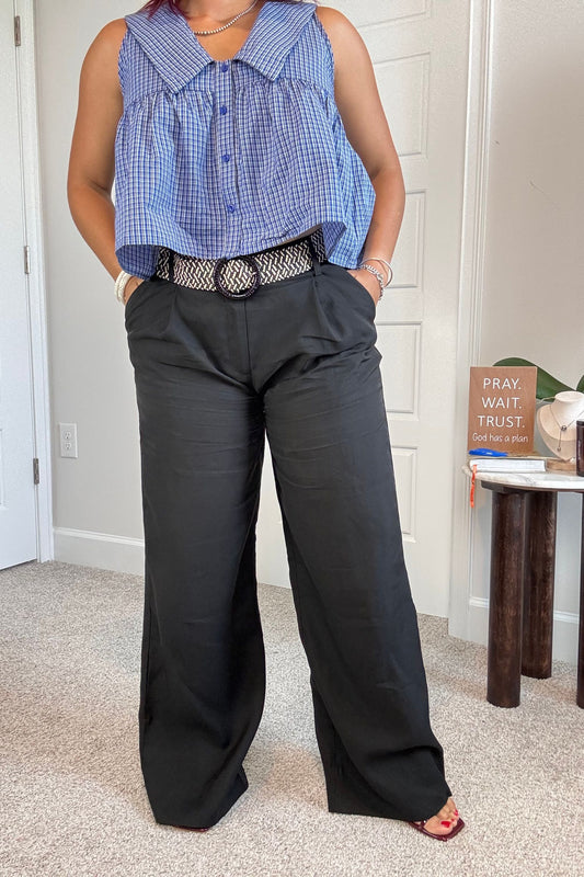 Straight Leg Woven Long Pants with Belt Detail