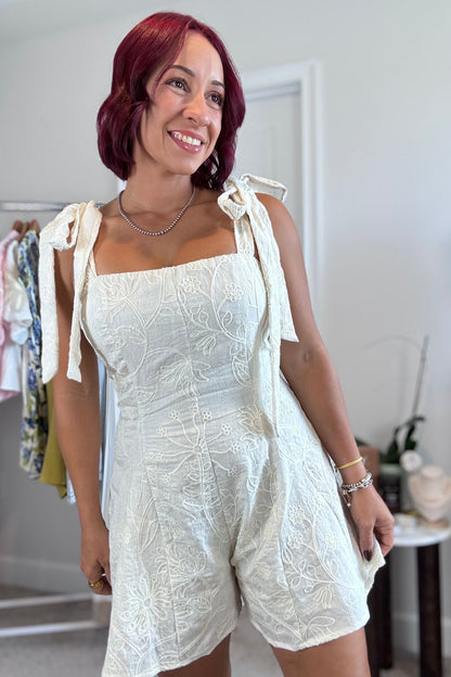 Floral embroidery ivory romper