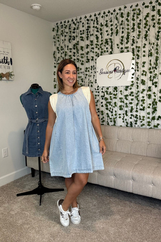 EYELET TRIM DENIM MINI DRESS