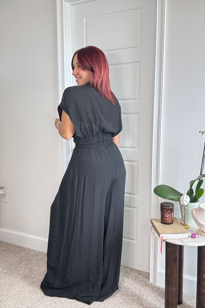 Black Collared Wrap Top & Wide-Leg Pants Set