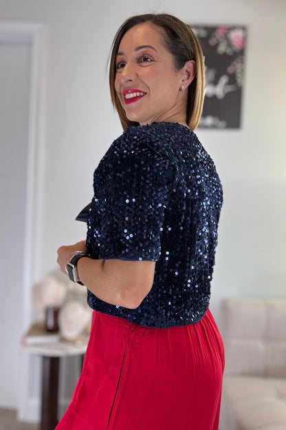 CELESTIAL GLOW VEST- NAVY VELVET AND SEQUIN VEST