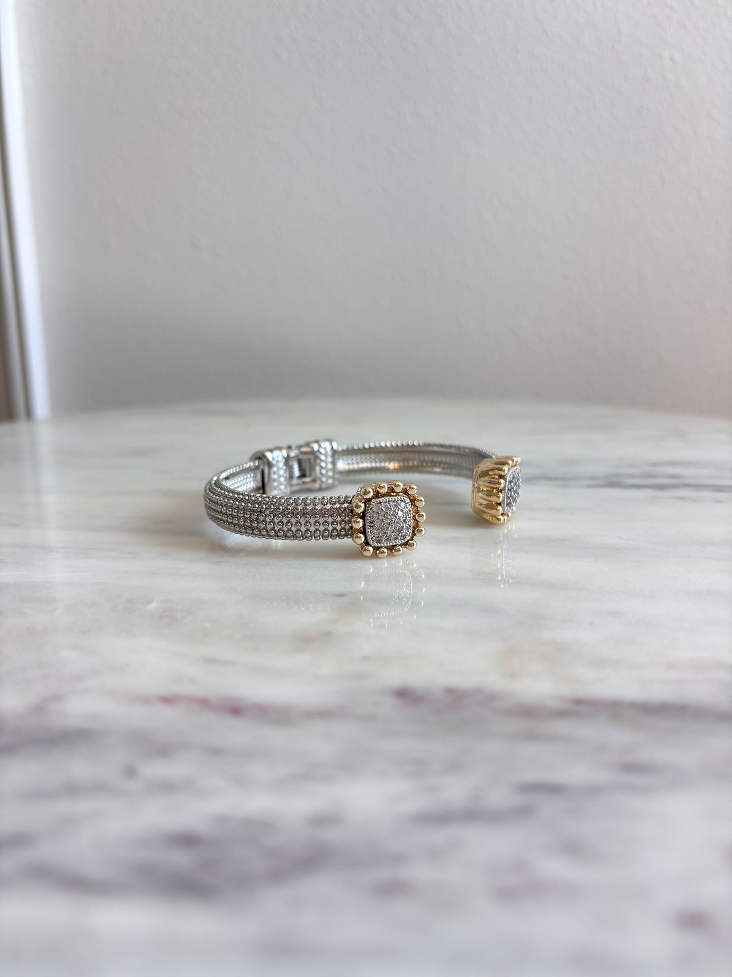 BENDECIDA TWO TONE SQUARE PAVE CZ EDGE CUFF BANGLE BRACELET – ELEGANT EVERYDAY ACCESSORY
