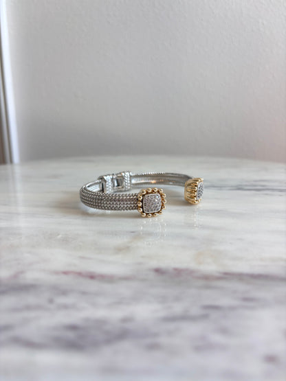 BENDECIDA TWO TONE SQUARE PAVE CZ EDGE CUFF BANGLE BRACELET – ELEGANT EVERYDAY ACCESSORY