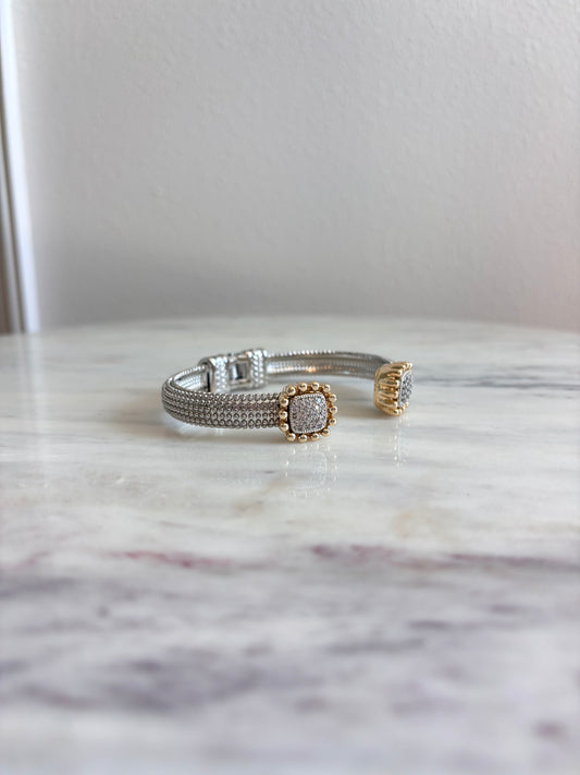 BENDECIDA TWO TONE SQUARE PAVE CZ EDGE CUFF BANGLE BRACELET – ELEGANT EVERYDAY ACCESSORY