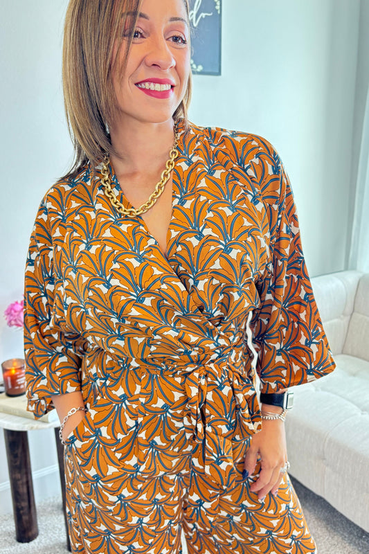 COFFEE LEAF PRINTED WAIST BELT JUMPSUIT-ELEGANCE IS TIMELESS