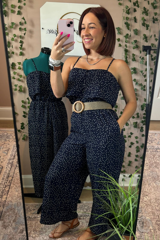 NAVY POLKA DOT JUMPSUIT