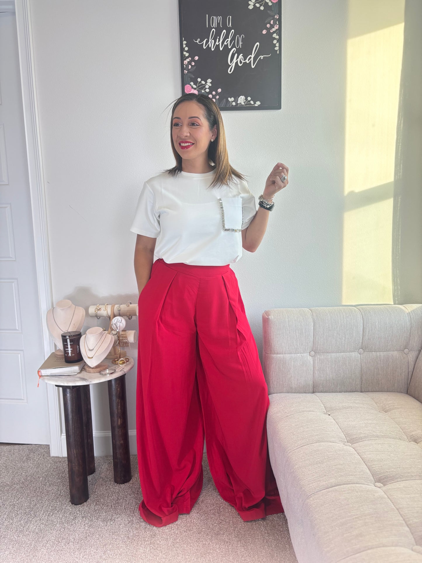 RADIANT RUBY PALAZZO- RED WIDE LEG PANTS