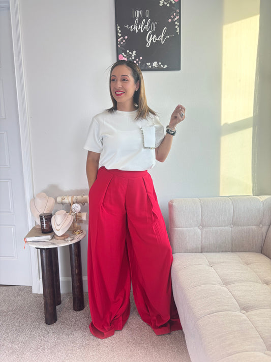 RADIANT RUBY PALAZZO- RED WIDE LEG PANTS