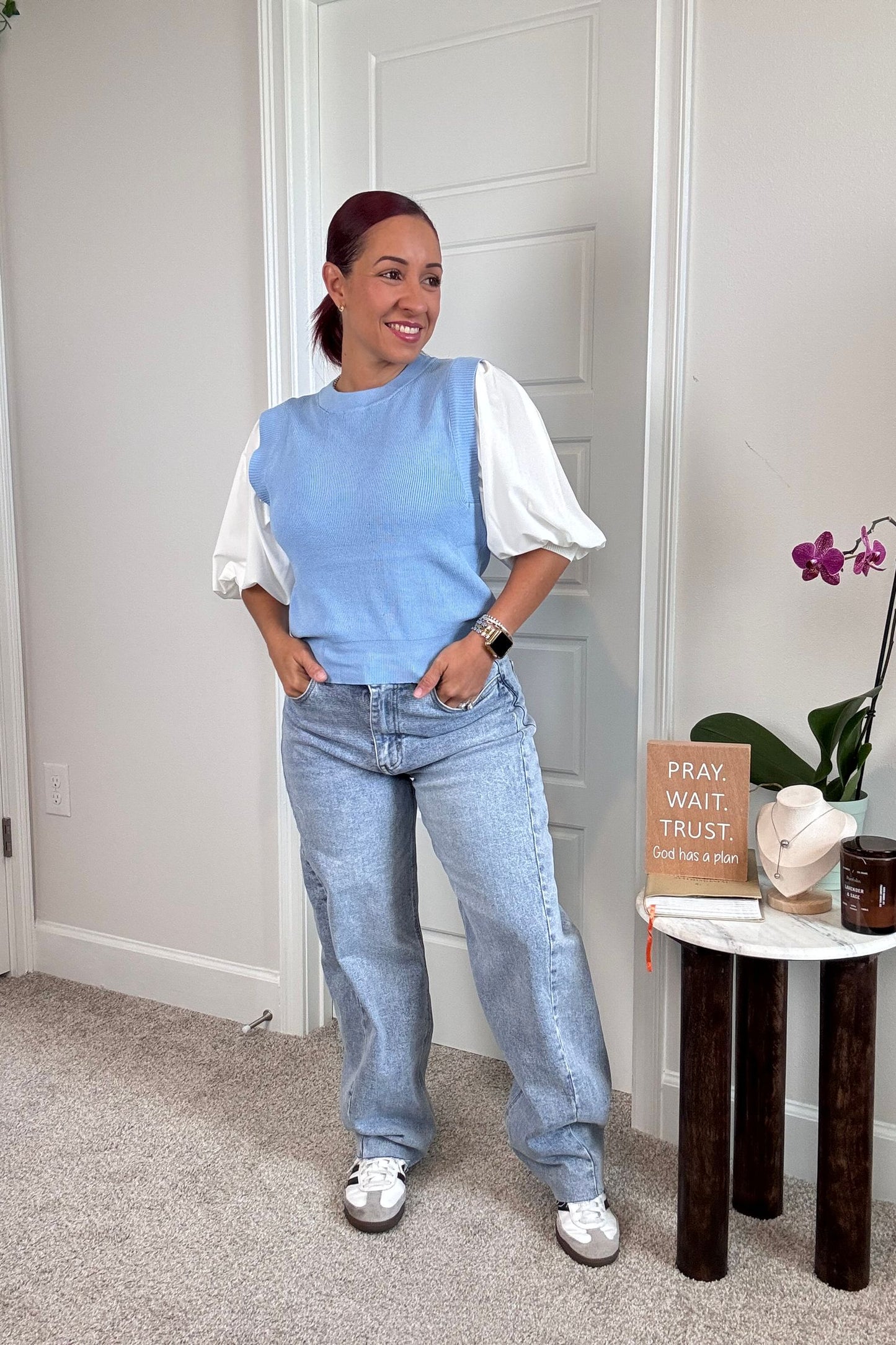 Two Tone Bubble Sleeve Sweater Top
