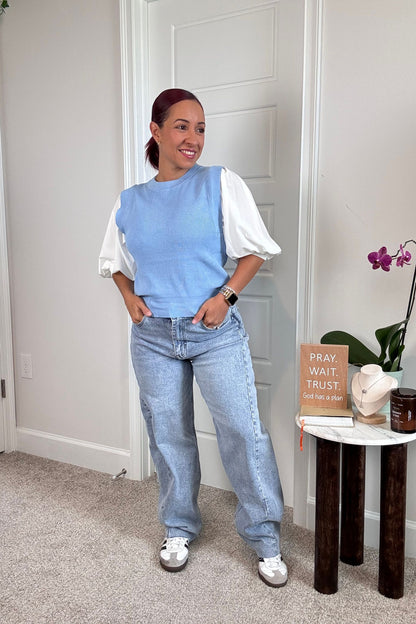 Two Tone Bubble Sleeve Sweater Top