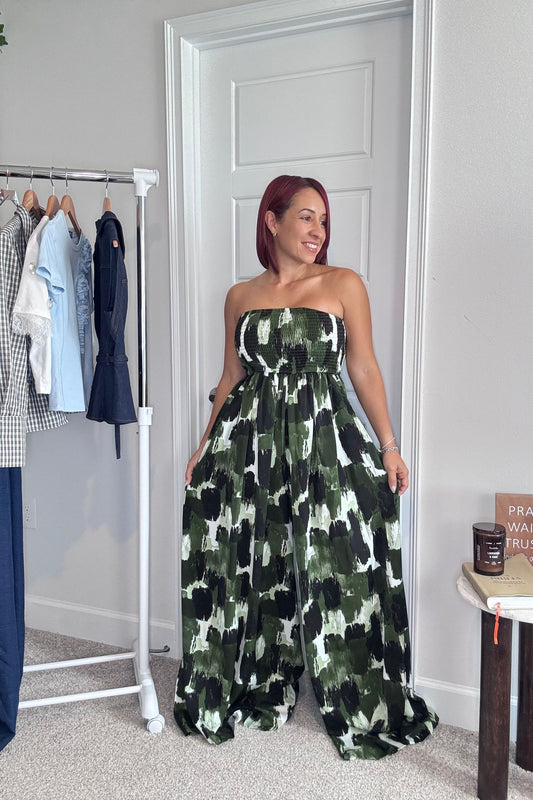 Olive Abstract Print Strapless Wide Leg Jumpsuit