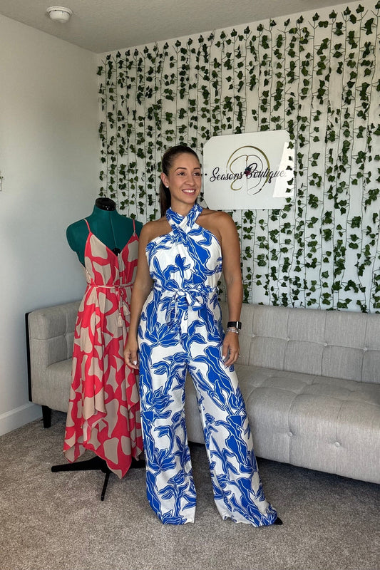 BLUE CRISSCROSS HALTER NECK JUMPSUIT
