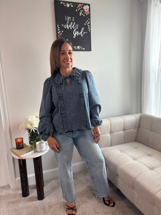 LONG SLEEVE FRONT BOW TIE DENIM TOP