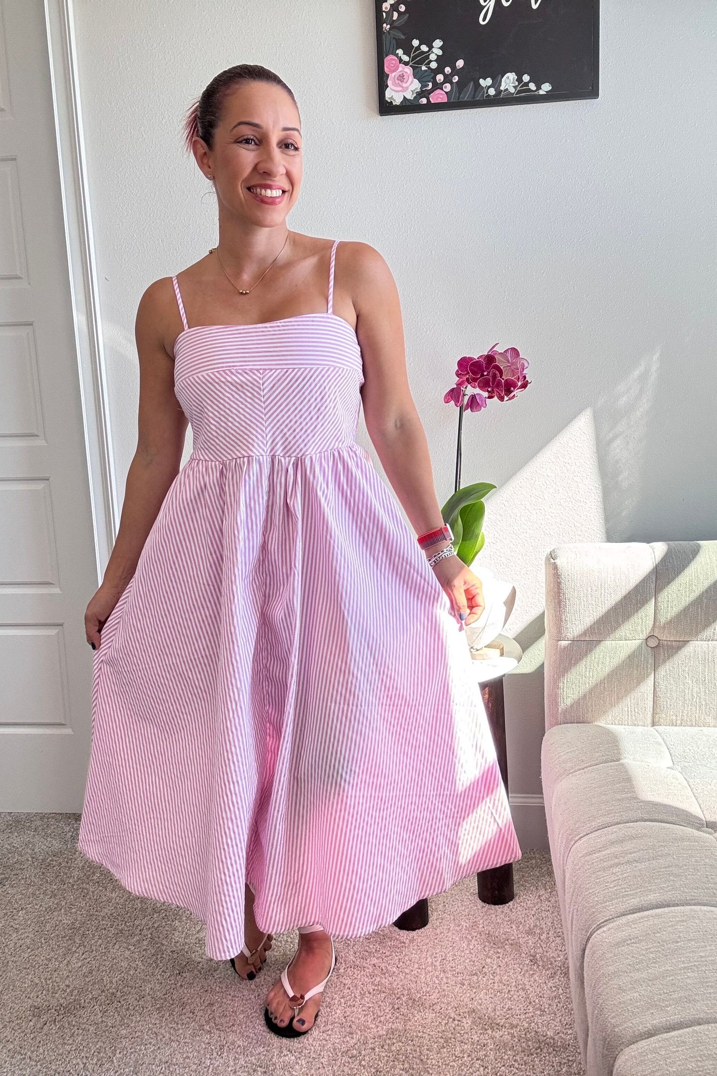 VESTIDO MIDI RAYAS ROSA CLARO