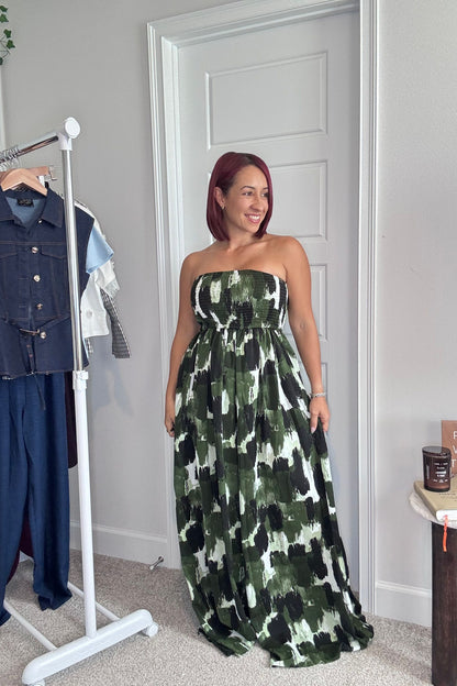 Olive Abstract Print Strapless Wide Leg Jumpsuit
