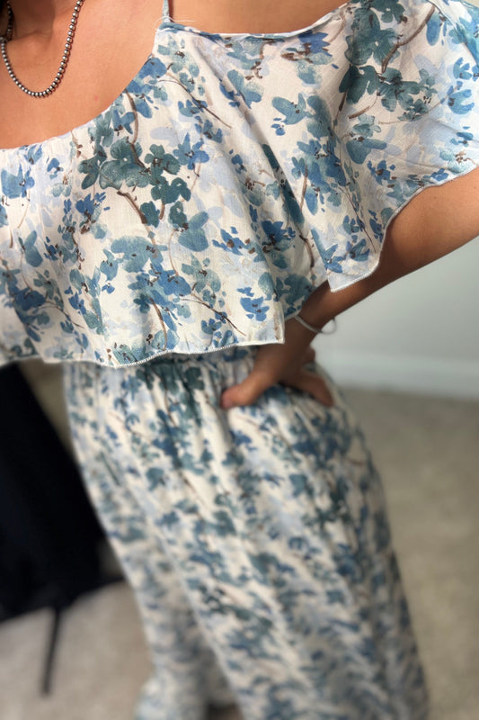 BLUE FLOWER PRINT JUMPSUIT