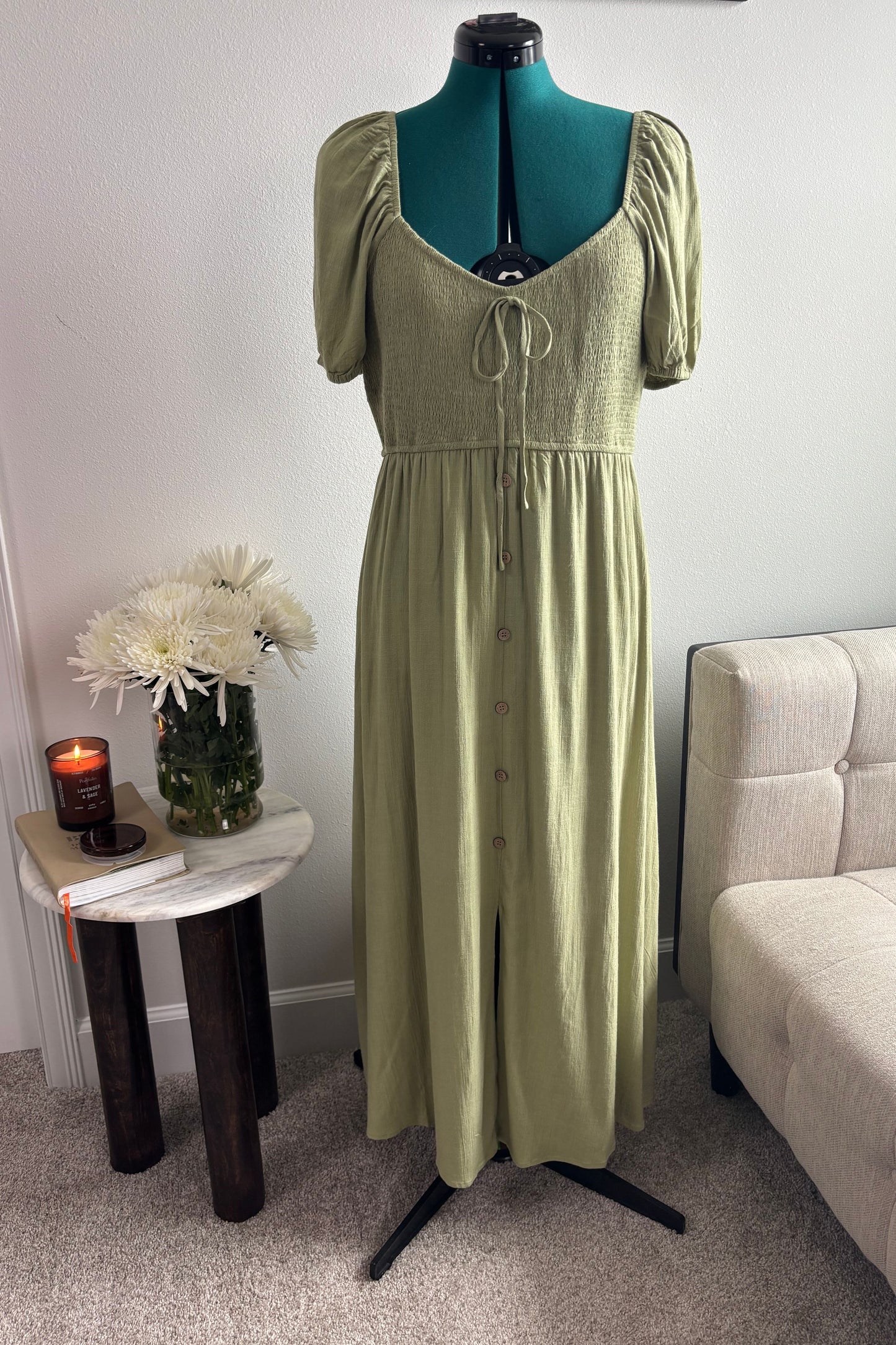 PLUS SIZES SMOCKED LIGHT OLIVE MIDI DRESS