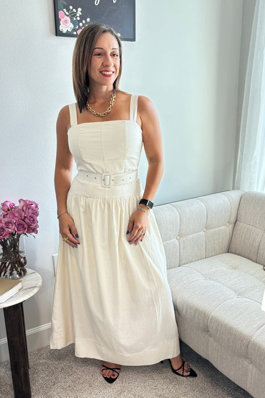 LIGHT BEIGE WITH BELT MIDI DRESS