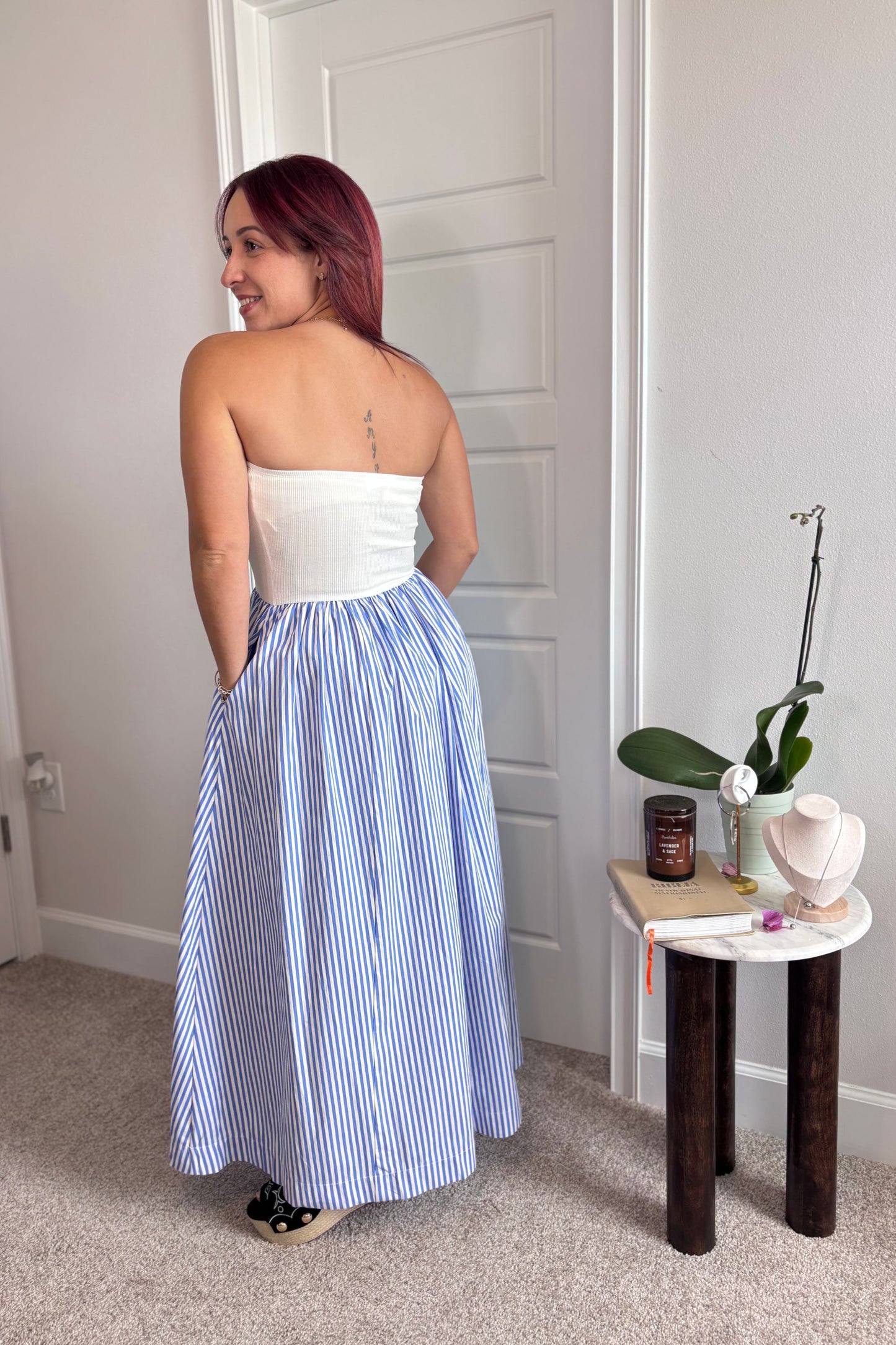 Striped Strapless Flowy Midi Dress