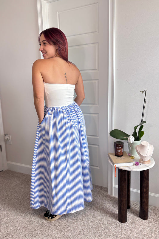 Striped Strapless Flowy Midi Dress