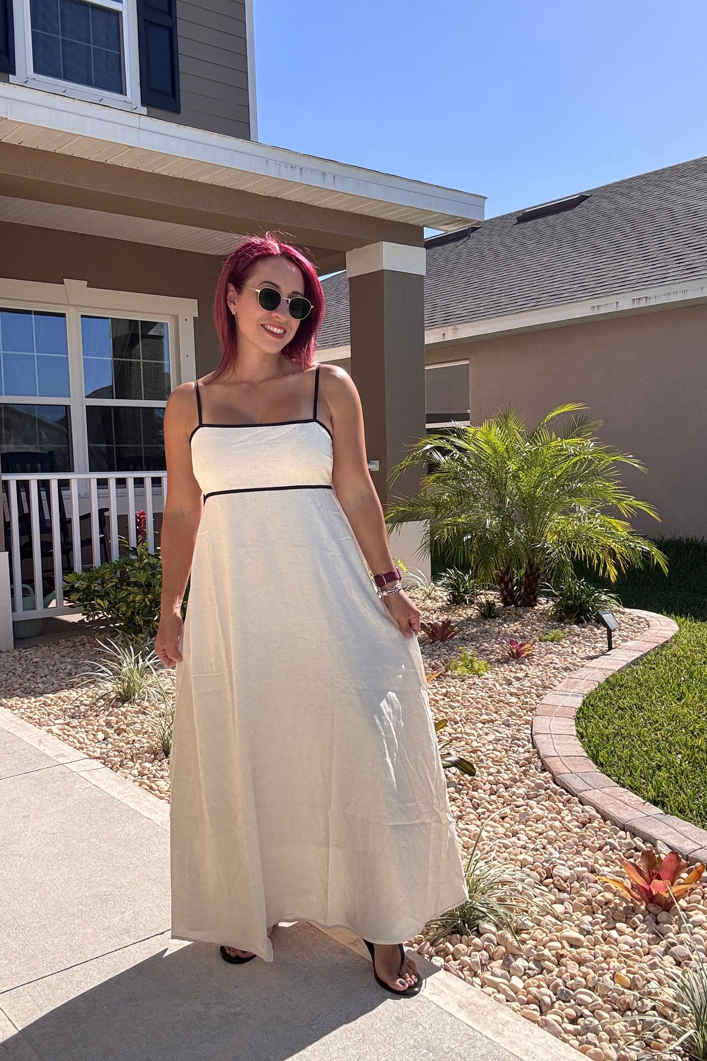 Contrast Trim Ivory and Black Midi Dress
