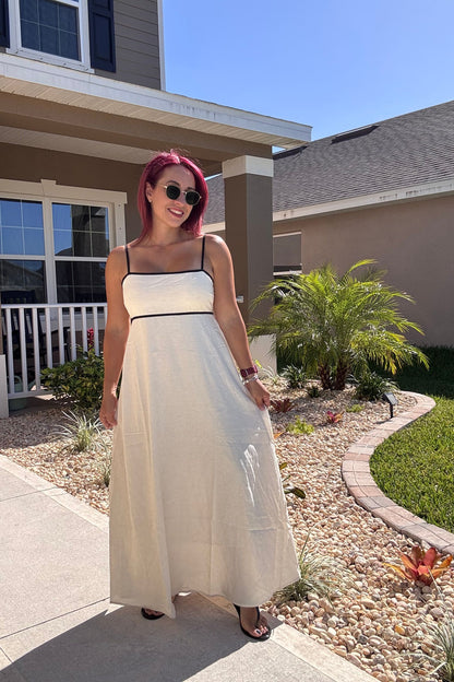 Contrast Trim Ivory and Black Midi Dress