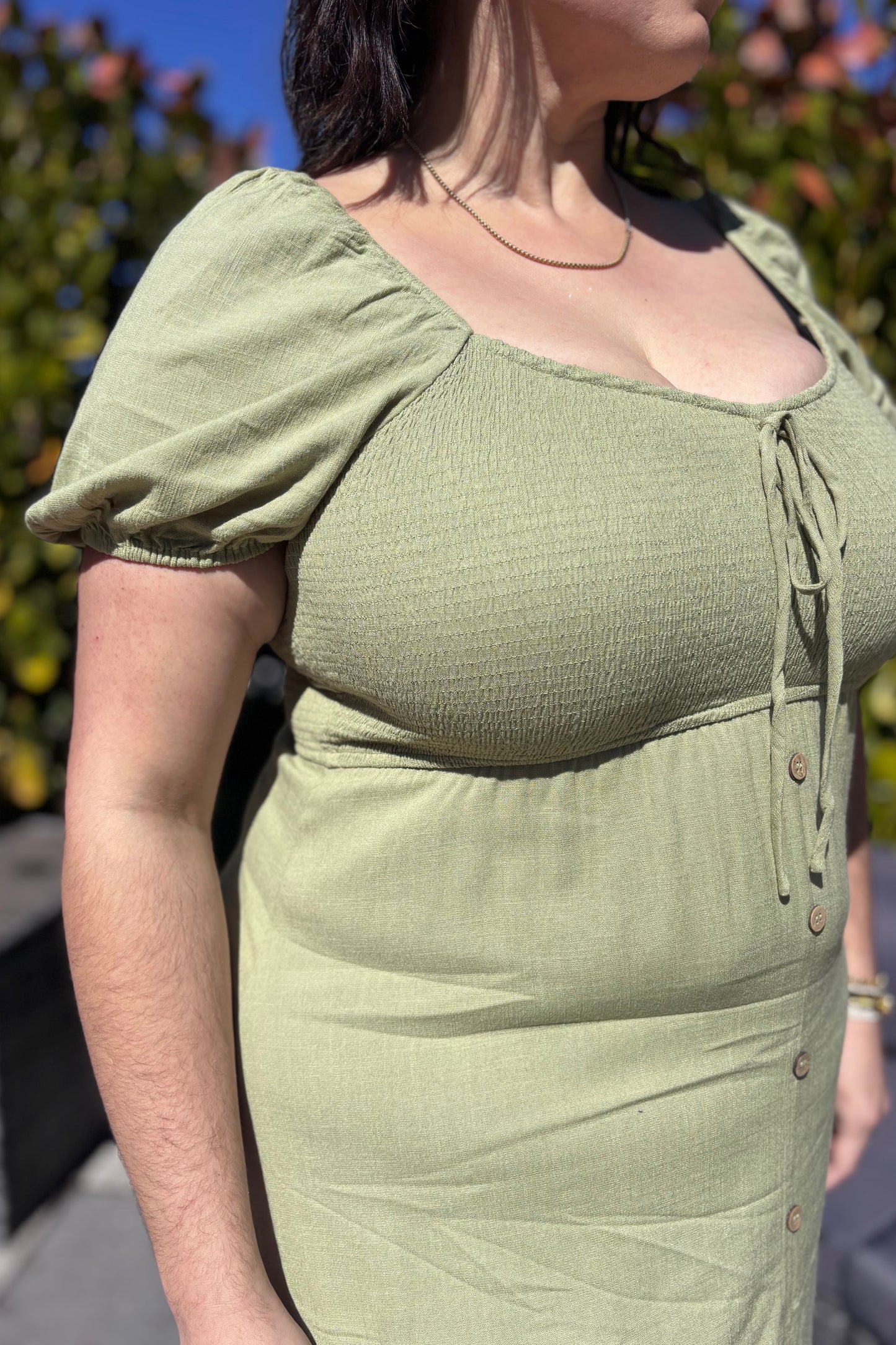 PLUS SIZES SMOCKED LIGHT OLIVE MIDI DRESS