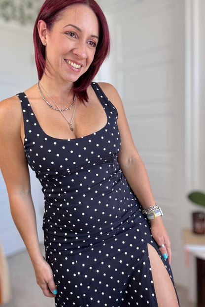 Navy Polkadot Midi Dress