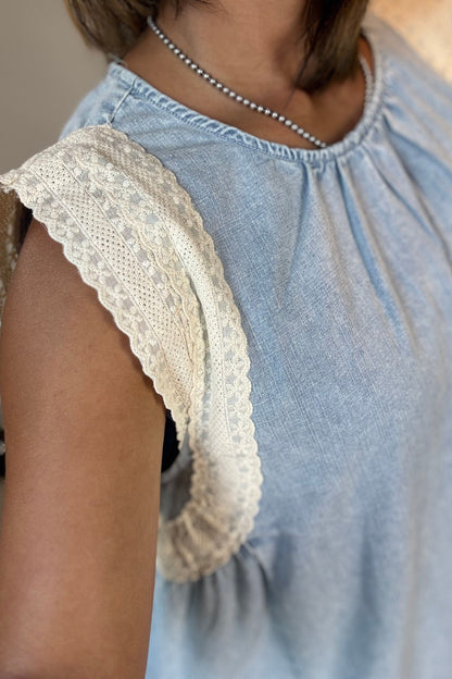 EYELET TRIM DENIM MINI DRESS