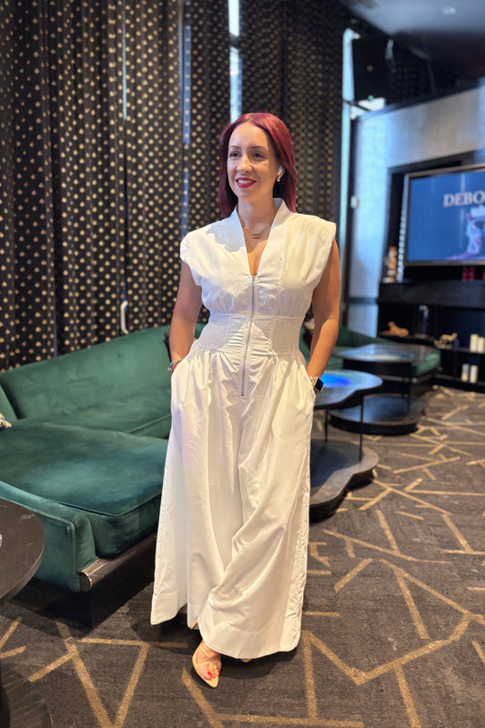 RADIANT CONFIDENCE ZIP FRONT SMOCKED JUMPSUIT