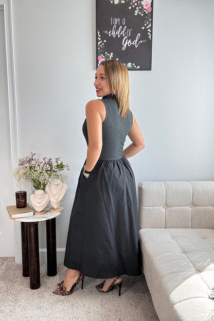 DIVINE MIDI DRESS- GRAY AND BLACK TURTLE NECK