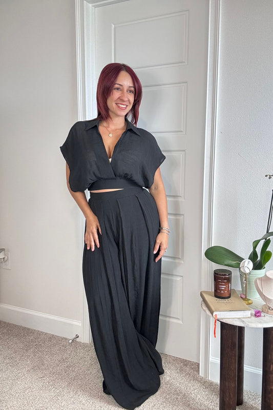 Black Collared Wrap Top & Wide-Leg Pants Set