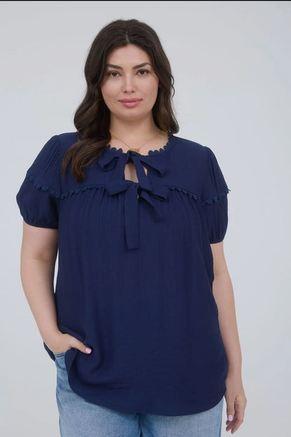 BLUE SCALLOP TRIM FRONT TIE DETAILS TOP (PLUS SIZES AVAILABLE)