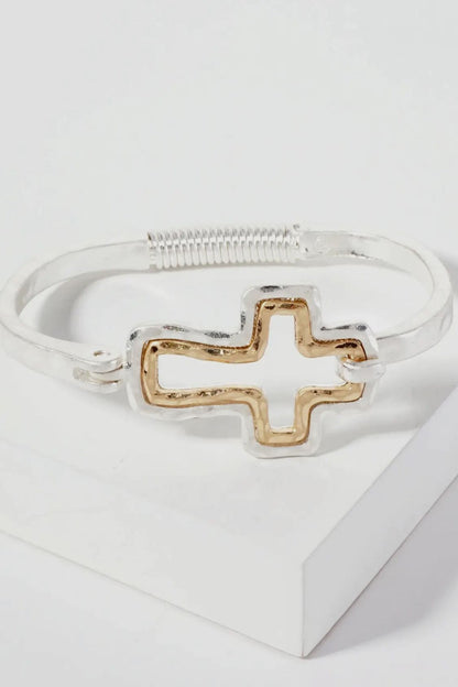 DUAL TONE HAMMERED HOOK HINGE CUFF BRACELET-3 SHAPPES