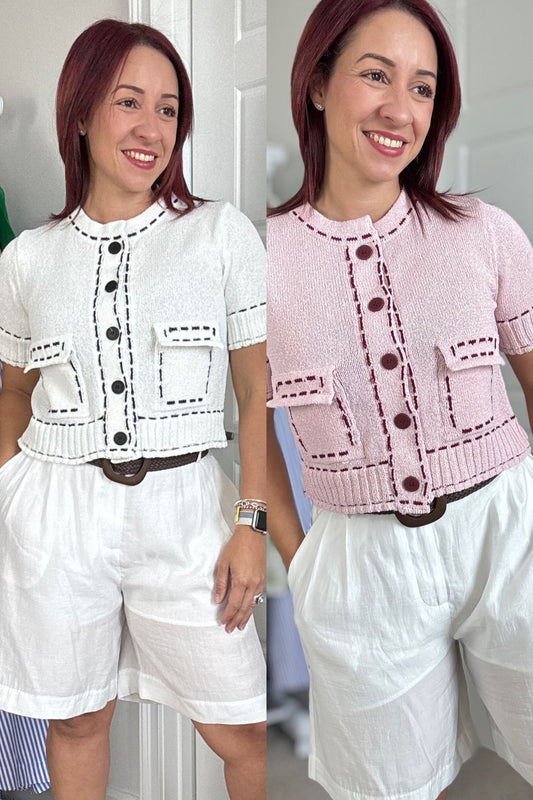Contrasting stitched sweater top (pink and white)