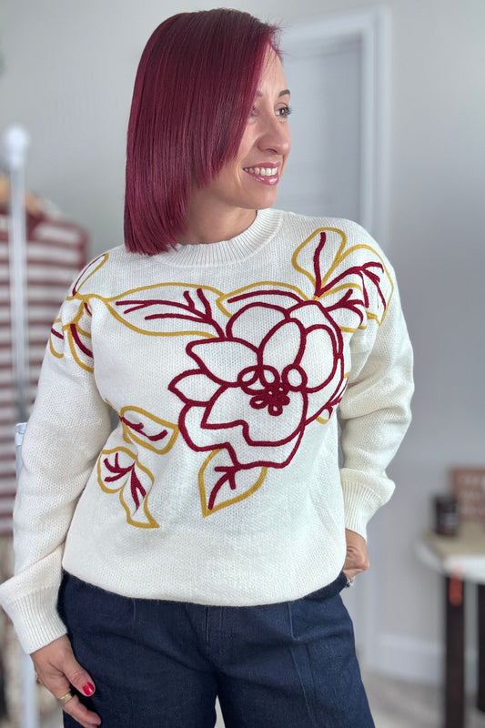 FLORAL CHUNKY STITCH EMBROIDERY SWEATER
