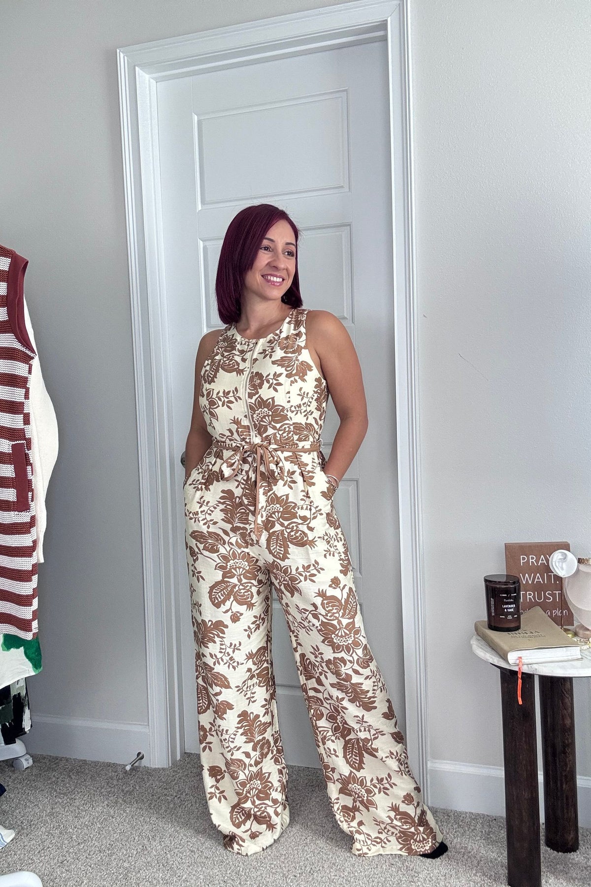 PAISLEY PRINTED ZIP FRONT SLVLESS JUMPSUIT