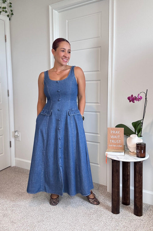 Denim Button Detail Midi Dress