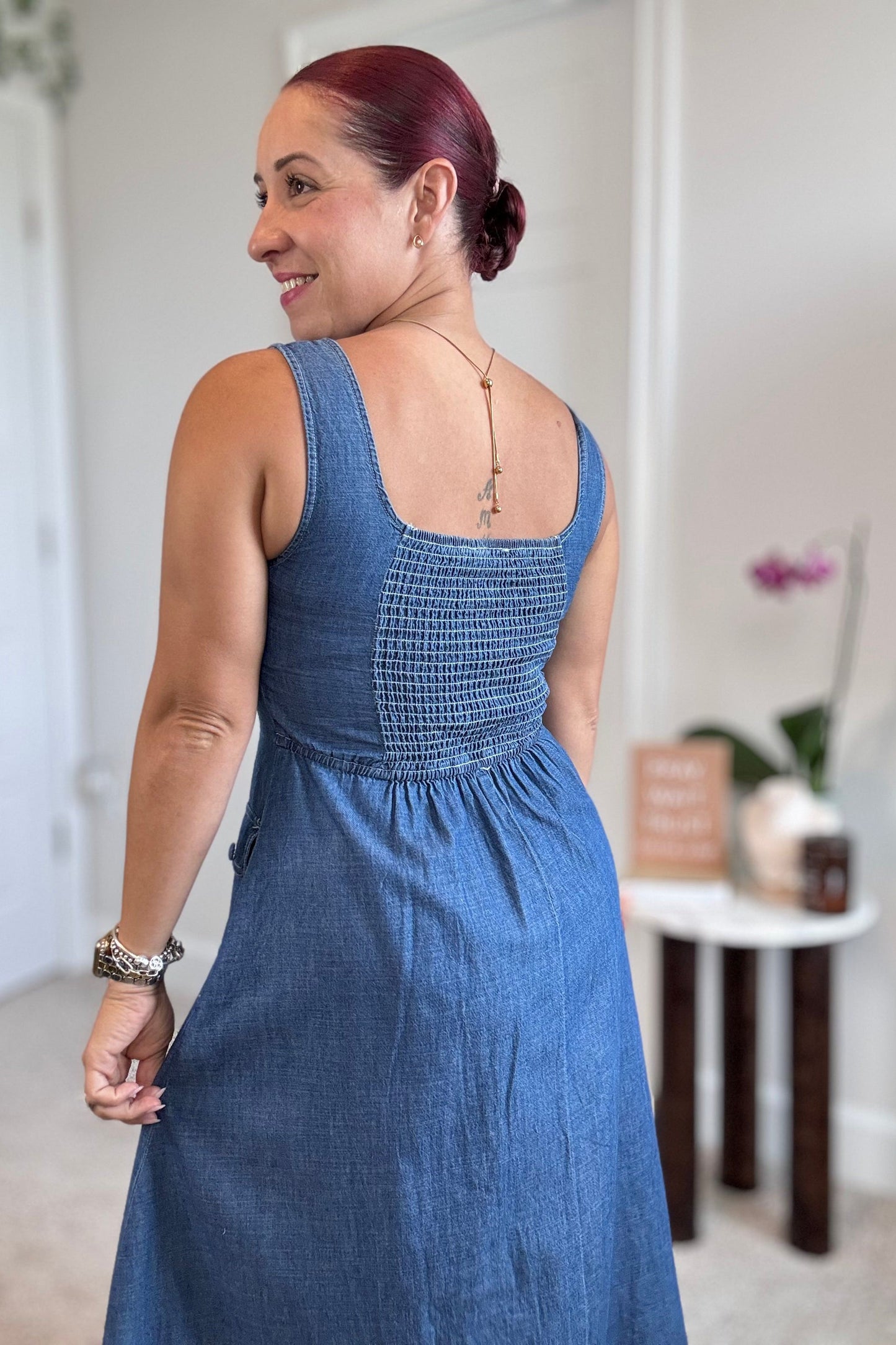 Denim Button Detail Midi Dress