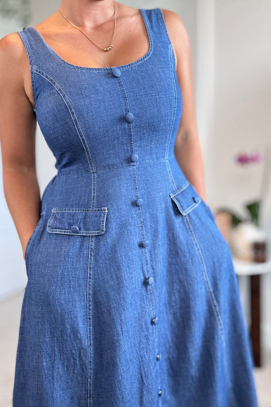 Denim Button Detail Midi Dress